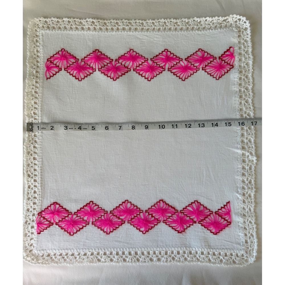 Handmade Mexican Embroidered Table Linen Crochet Lace Pink Floral 16.5x18.5 - Picture 5 of 7